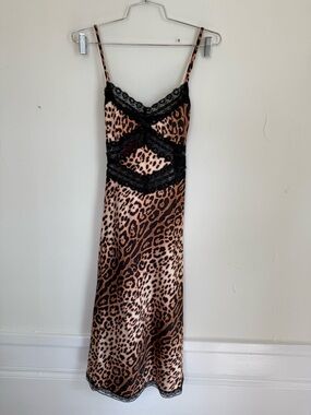 Betsey Johnson Leopard Print Slip Dress with Black Lace Trim XS NWT y2k